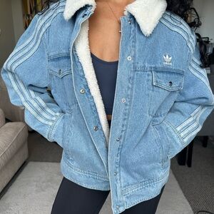 Adidas Women's Light Blue Sherpa-Lined Denim Jacket